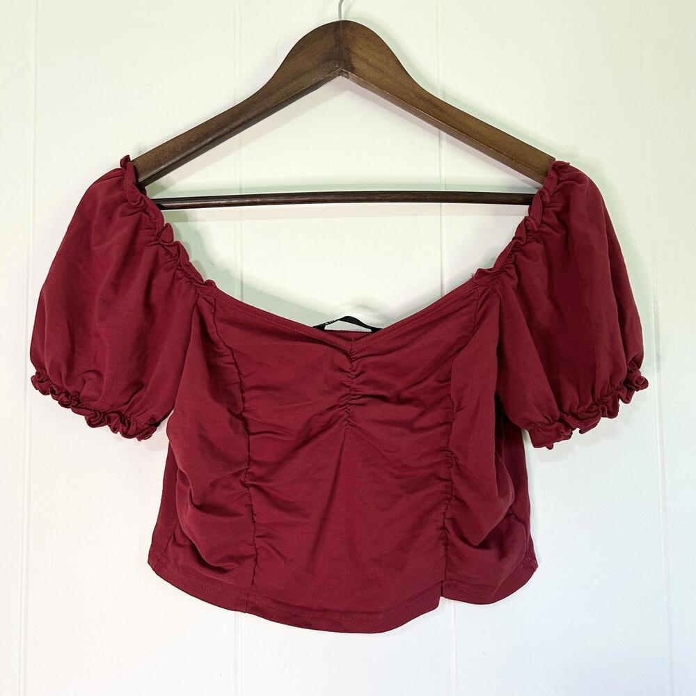Shein Red Scrunch Lettuce Hem Blouse Crop Top Women's Medium